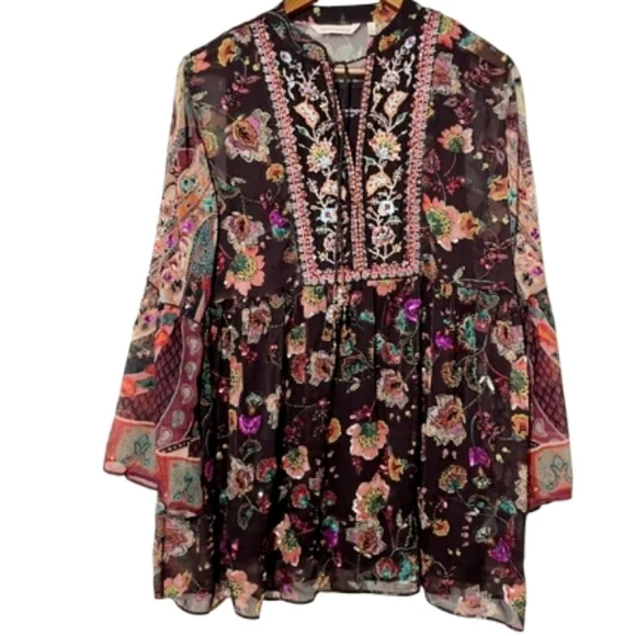 Soft Surroundings Asteria Beaded Sequin Tunic Top Varenna Plum Mixed Floral Sz S - Picture 6 of 16